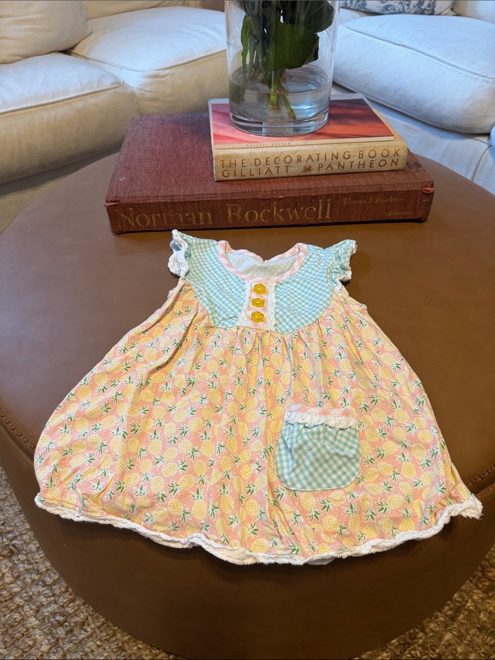 Girls' Peach Pineapple Print Casual Dress with Mint Gingham Accents